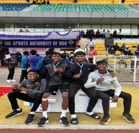 MES College Men's 4 x 400 meters relay team won bronze medal on Day 1 of the Inter Collegiate Athletics Championship organised by Goa University